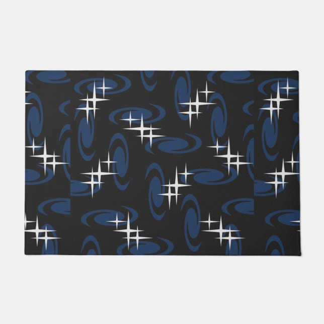 Atomic Age Swirls Stars Pattern Black Navy Blue Doormat (Front)