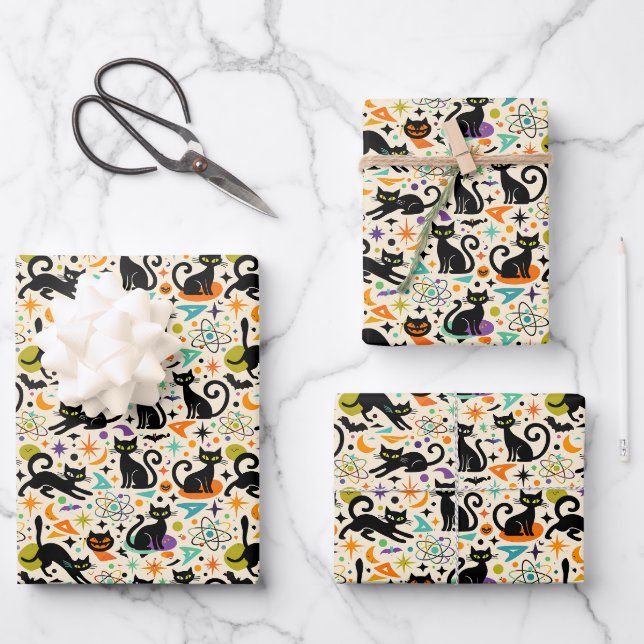 Atomic Black Cats Halloween Wrapping Paper Sheet (Front)
