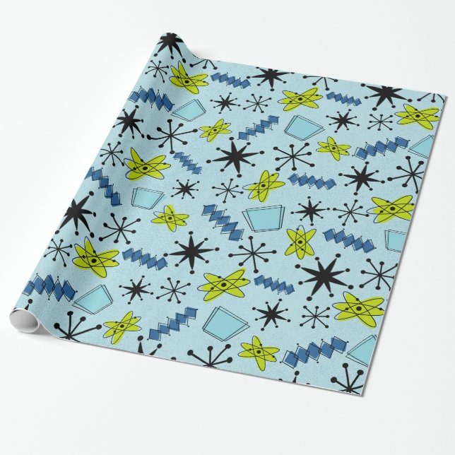 Atomic Blues and Green on Blue Large Scale Wrapping Paper (Unrolled)
