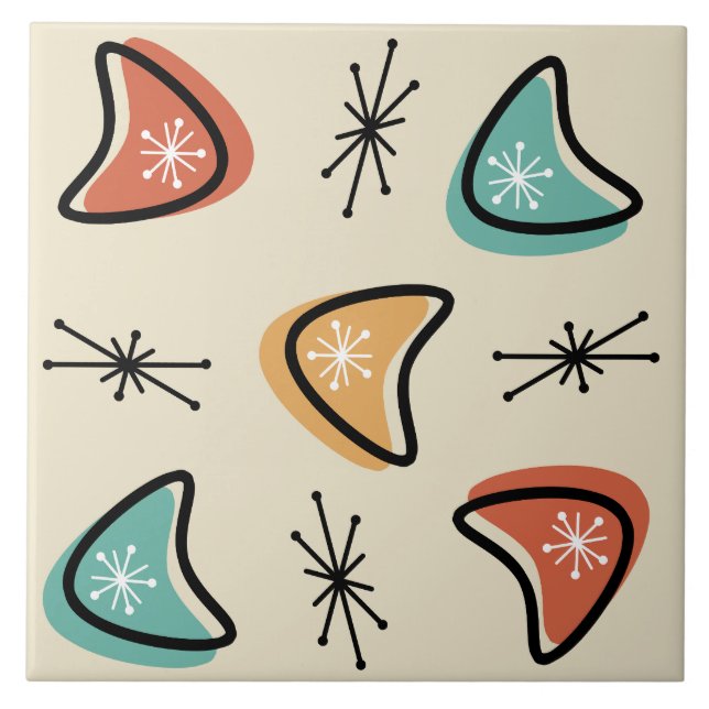 Atomic Boomerangs Starbursts Multicolored Ceramic Tile (Front)