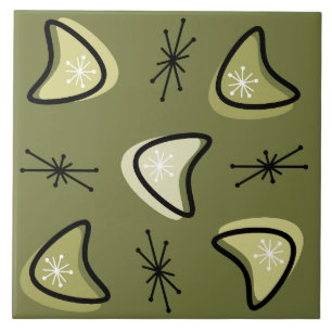 Atomic Boomerangs Starbursts Olive Green Ceramic Tile