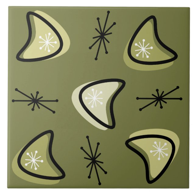 Atomic Boomerangs Starbursts Olive Green Ceramic Tile (Front)