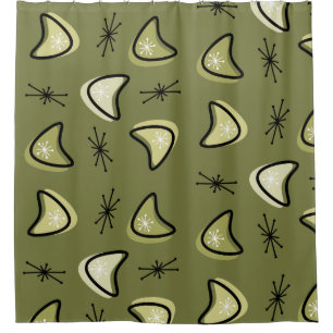 Atomic Boomerangs Starbursts Olive Green Shower Curtain