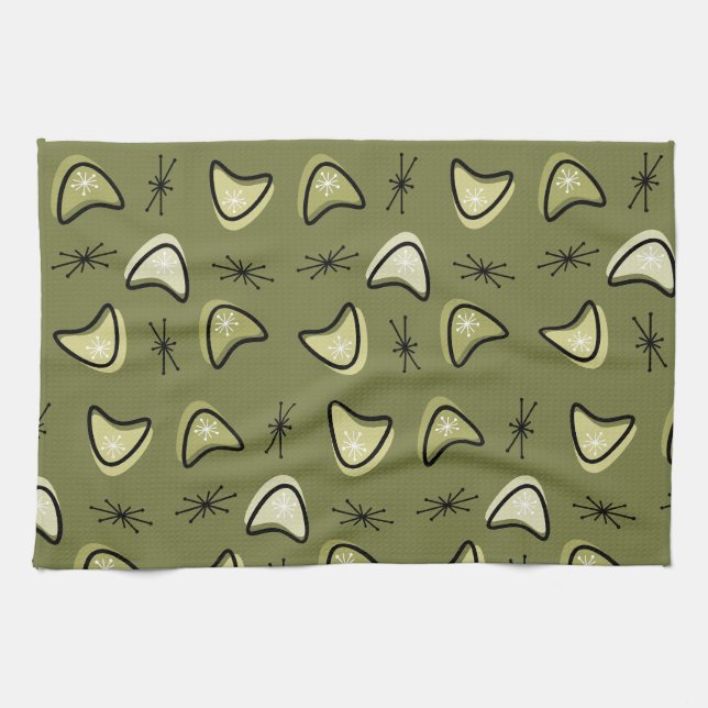 Atomic Boomerangs Starbursts Olive Green Tea Towel (Horizontal)