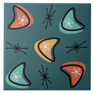 Atomic Boomerangs Starbursts Teal Ceramic Tile