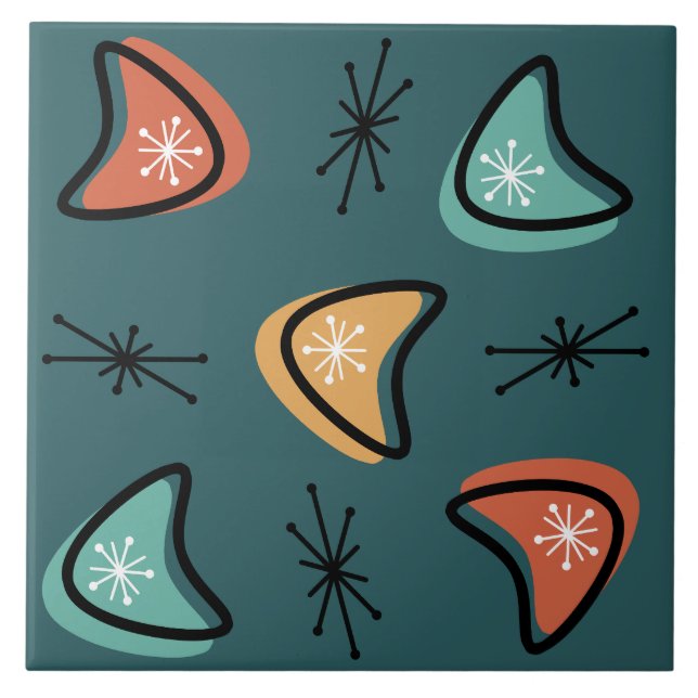 Atomic Boomerangs Starbursts Teal Ceramic Tile (Front)