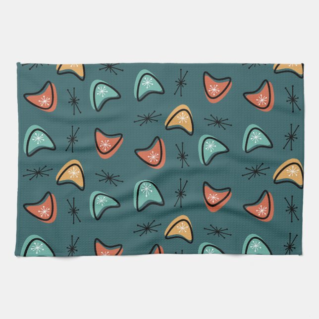 Atomic Boomerangs Starbursts Teal Tea Towel (Horizontal)