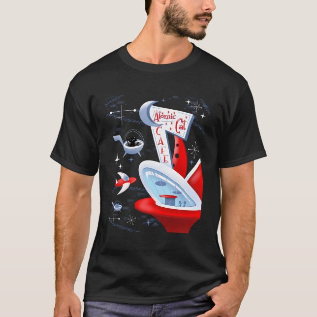Atomic Cat Cafe Futuristic Spaceport Mid Century T-Shirt (Front)