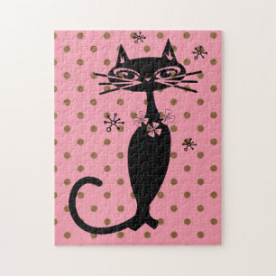 ATOMIC CAT RETRO PINK POLKA DOTS JIGSAW PUZZLE