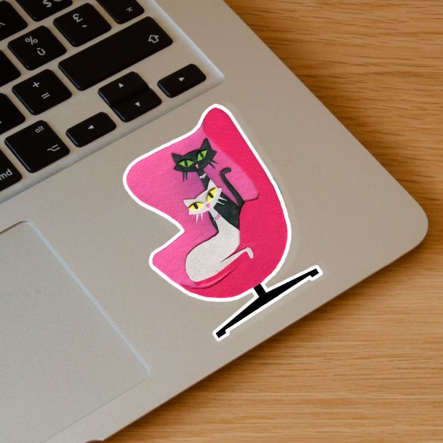 Atomic Cats Black White Sitting in Pink Chair (Mid century black and white cats sitting in mod hot pink chair on a vinyl sticker.)