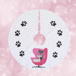 Atomic Cats Pink Chair Black Paw Prints Pink Dots Brushed Polyester Tree Skirt