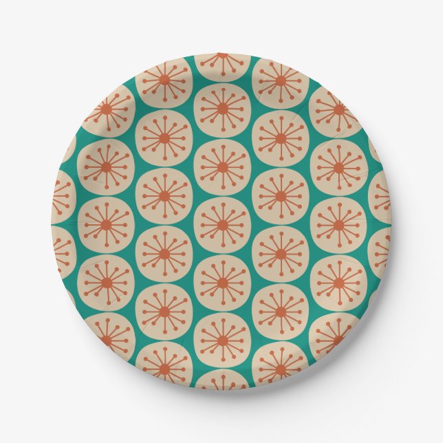 Atomic Dots Retro Mid Mod Pattern Orange Turquoise Paper Plate (Front)