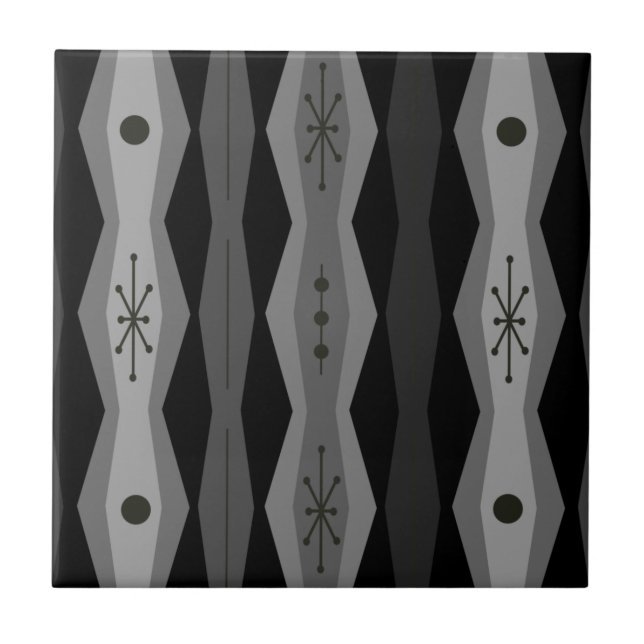 Atomic Era Abstract Columns Black Grey Ceramic Tile (Front)