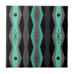 Atomic Era Abstract Columns Black Turquoise Ceramic Tile