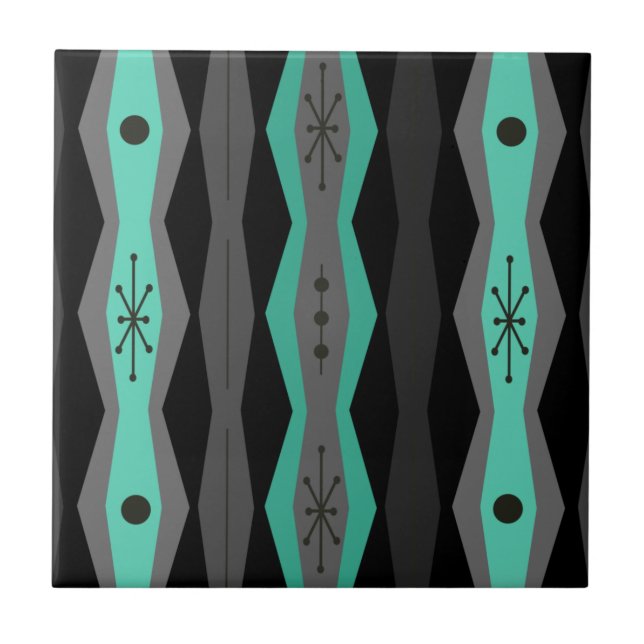 Atomic Era Abstract Columns Black Turquoise Ceramic Tile (Front)