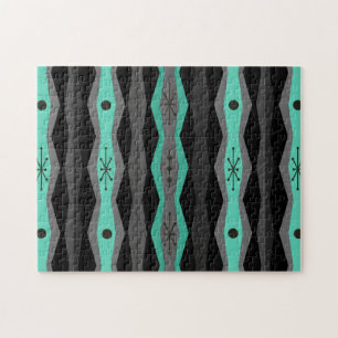 Atomic Era Abstract Columns Black Turquoise Jigsaw Puzzle
