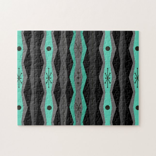 Atomic Era Abstract Columns Black Turquoise Jigsaw Puzzle (Horizontal)