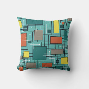Atomic Era Abstract Lines Boxes Turquoise Cushion