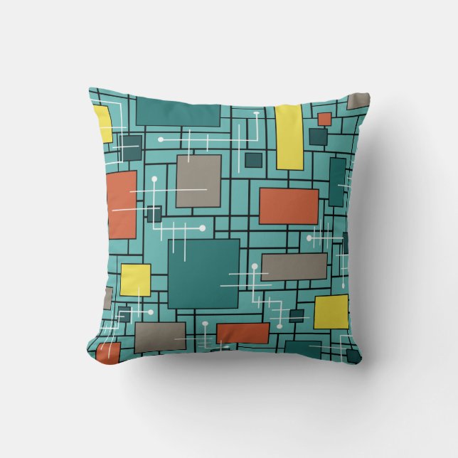Atomic Era Abstract Lines Boxes Turquoise Cushion (Front)