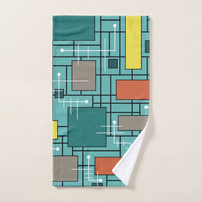 Atomic Era Abstract Lines Boxes Turquoise Hand Towel (Hand Towel)