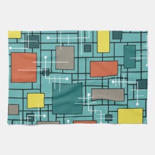 Atomic Era Abstract Lines Boxes Turquoise Tea Towel