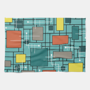 Atomic Era Abstract Lines Boxes Turquoise Tea Towel