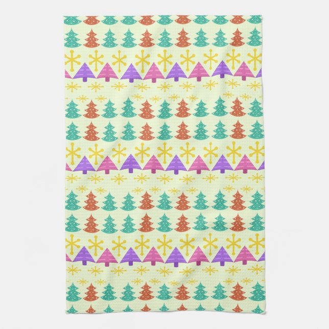 Atomic Era Christmas Trees Kitsch Light Tea Towel (Vertical)