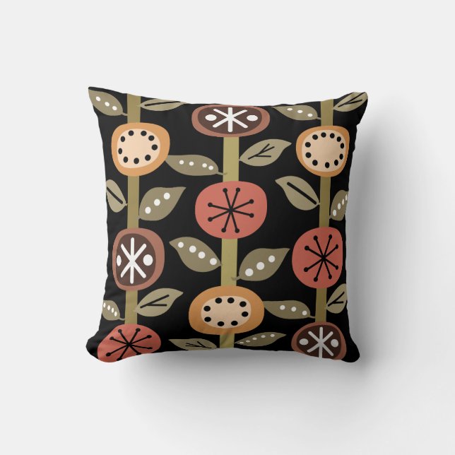 Atomic Era Flowers Art Black Colourful Cushion (Front)