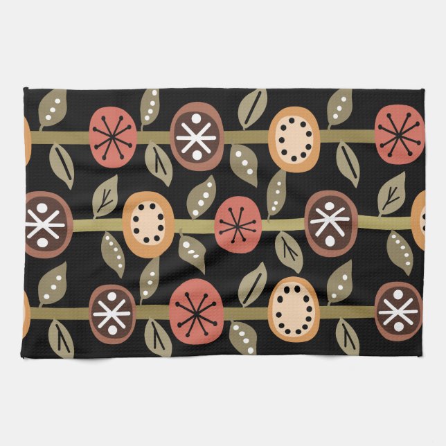 Atomic Era Flowers Art Black Colourful Tea Towel (Horizontal)