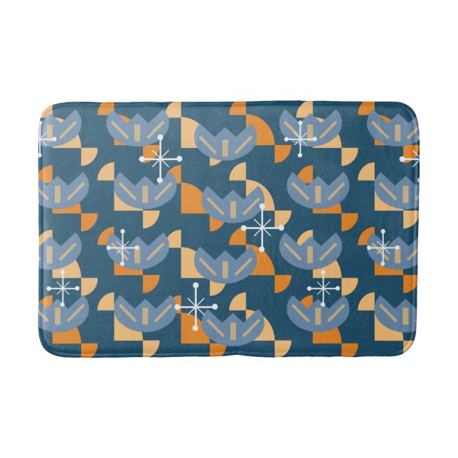 Atomic Era Funky Flowers (Blue & Orange) Bath Mat (Front)