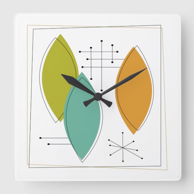 Atomic Era Ornaments Mid Century Modern Square Wall Clock (Front)