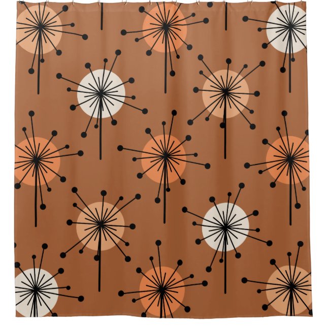 Atomic Era Sputnik Starburst Flowers Burnt Orange Shower Curtain (Front)