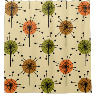 Atomic Era Sputnik Starburst Flowers Earth Tones Shower Curtain