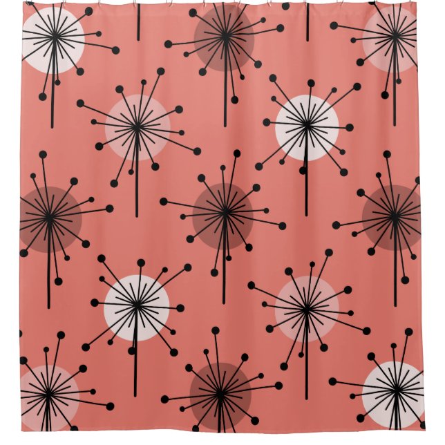 Atomic Era Sputnik Starburst Flowers Salmon Pink Shower Curtain (Front)