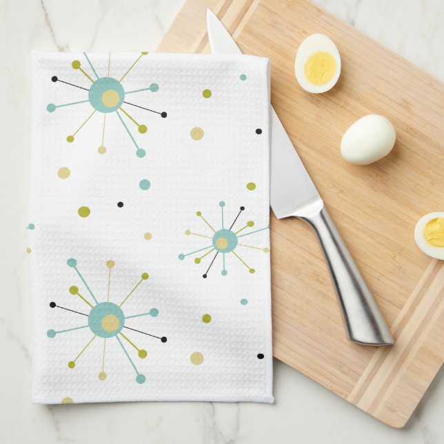 Atomic Era Starburst and Dots Mid-century Modern Tea Towel (Quarter Fold)