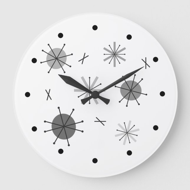 Atomic Era Starburst Planets Black White Large Clock (Front)