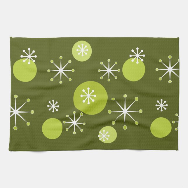 Atomic Era Starbursts Olive Green Tea Towel (Horizontal)