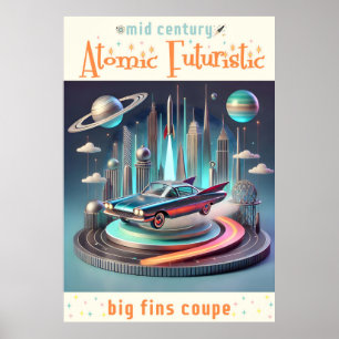 Atomic Futuristic Big Fins Coupe Car Poster