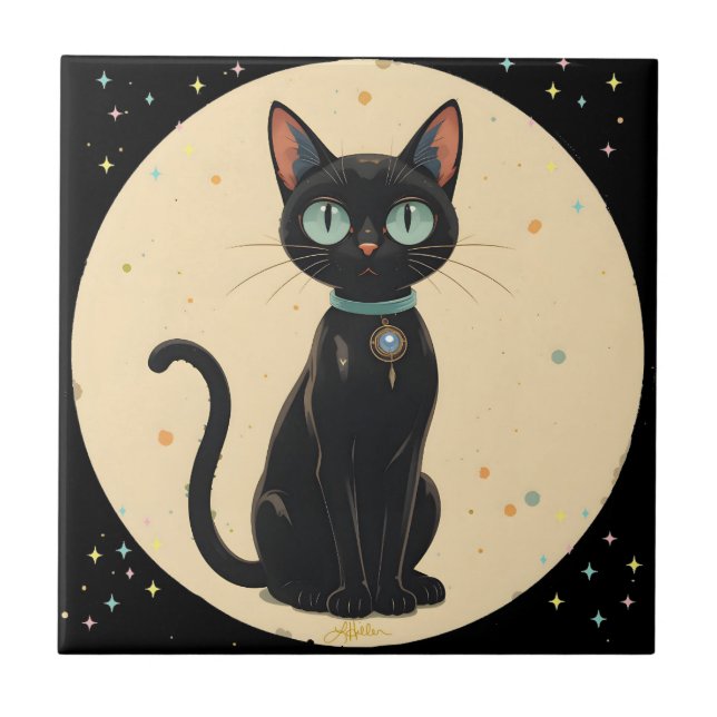 Atomic Futuristic Black Cat Moon Ceramic Tile (Front)