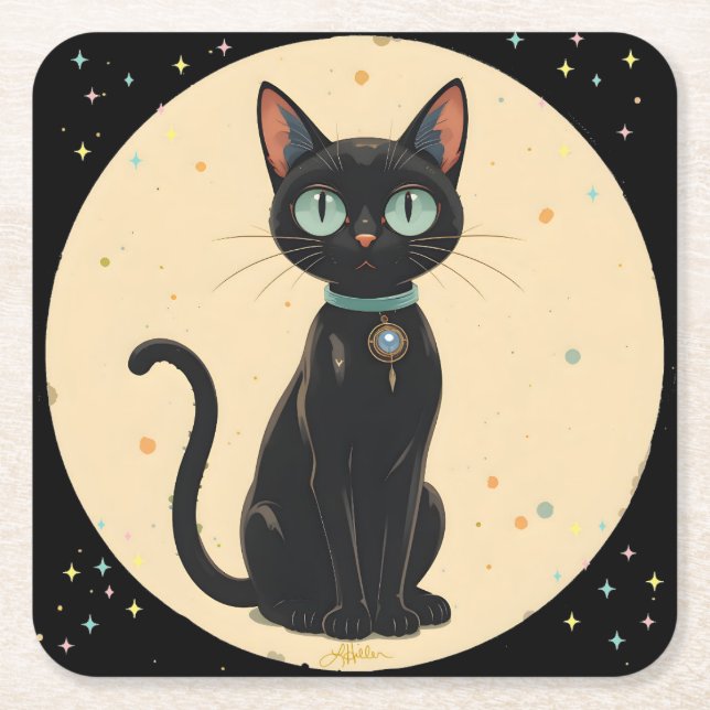Atomic Futuristic Black Cat Moon Square Paper Coaster (Front)