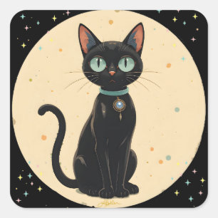 Atomic Futuristic Black Cat Moon Square Sticker