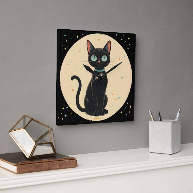 Atomic Futuristic Black Cat Moon Square Wall Clock (Office)