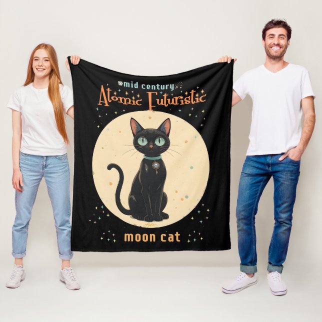 Atomic Futuristic Black Cat Moon with text Fleece Blanket (In Situ)