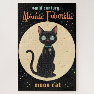 Atomic Futuristic Black Cat Moon with text Jigsaw Puzzle