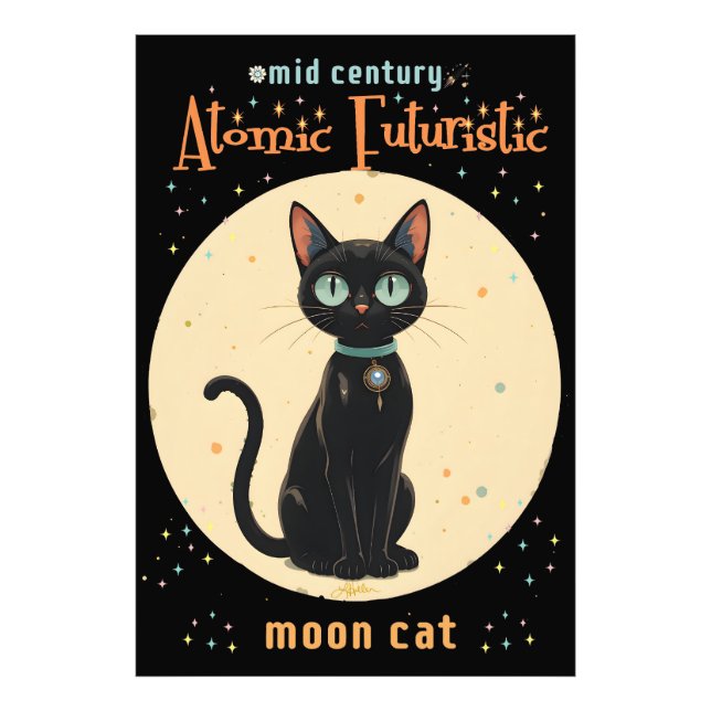 Atomic Futuristic Black Cat Moon with text Photo Print (Front)