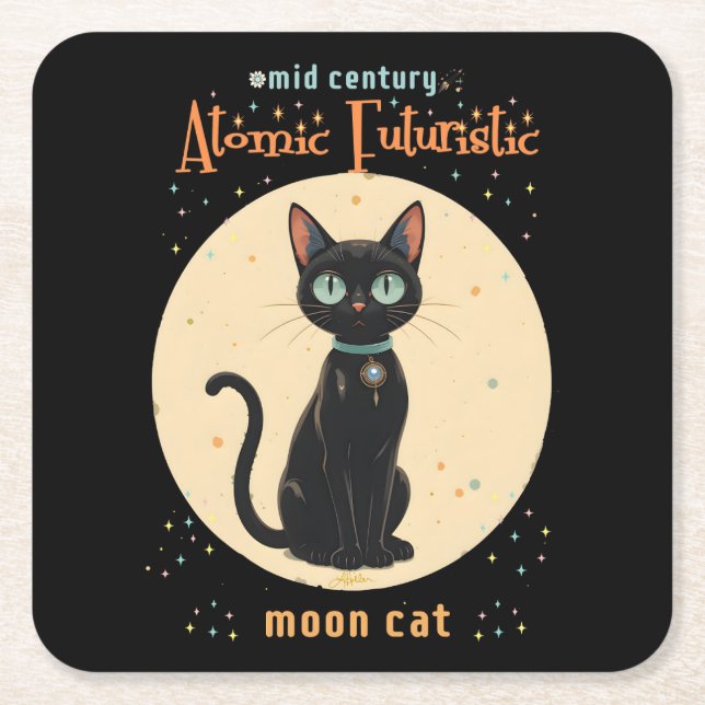 Atomic Futuristic Black Cat Moon with text Square Paper Coaster (Front)