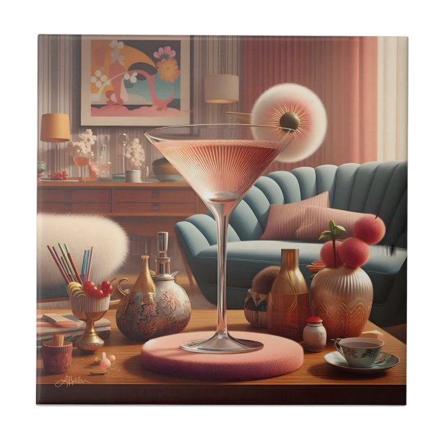 Atomic Futuristic Cherry Blossom Martini Ceramic Tile (Front)