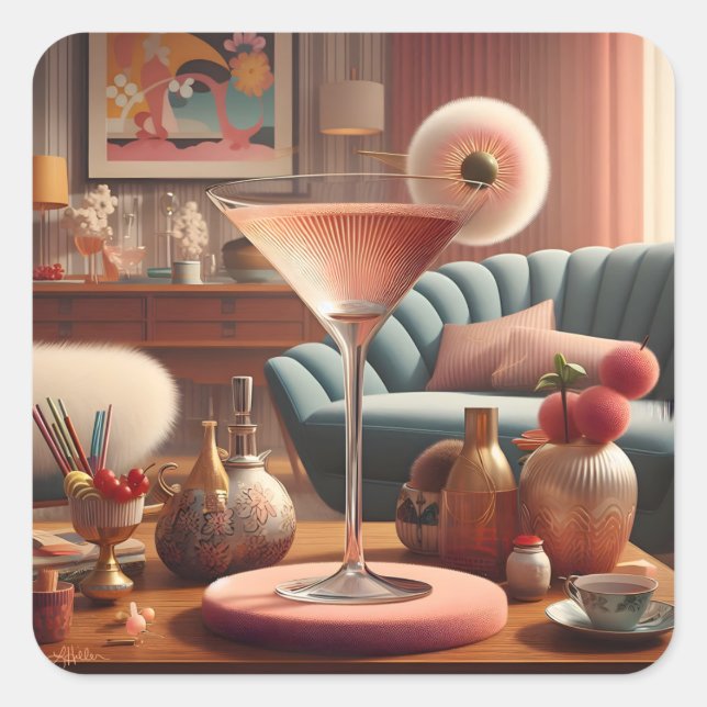 Atomic Futuristic Cherry Blossom Martini Square Sticker (Front)