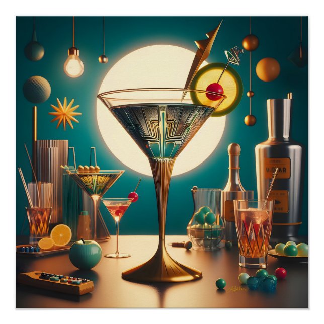 Atomic Futuristic Circuit Board Martini Poster (Front)