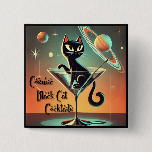 Atomic Futuristic Cosmic Black Cat Cocktails 15 Cm Square Badge (Front)